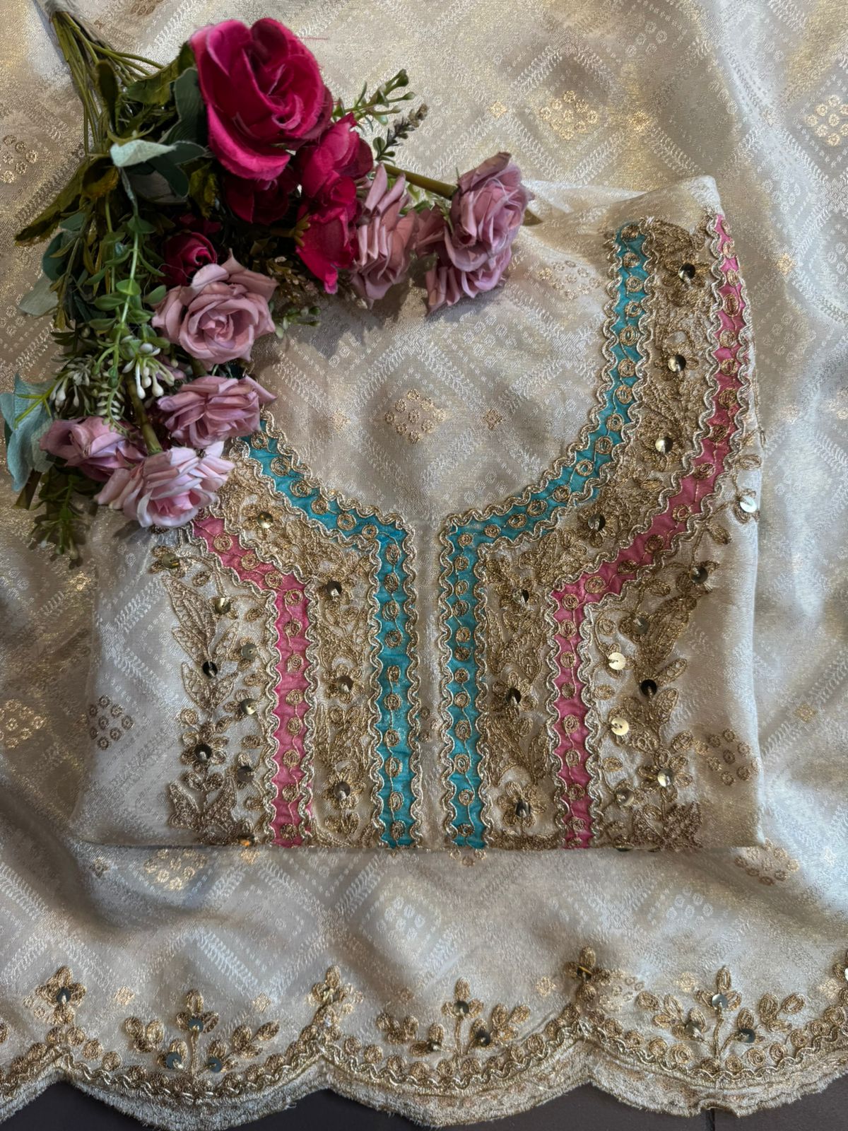 Ivory Bandhani Embroidered Unstitched Opada Silk Suit