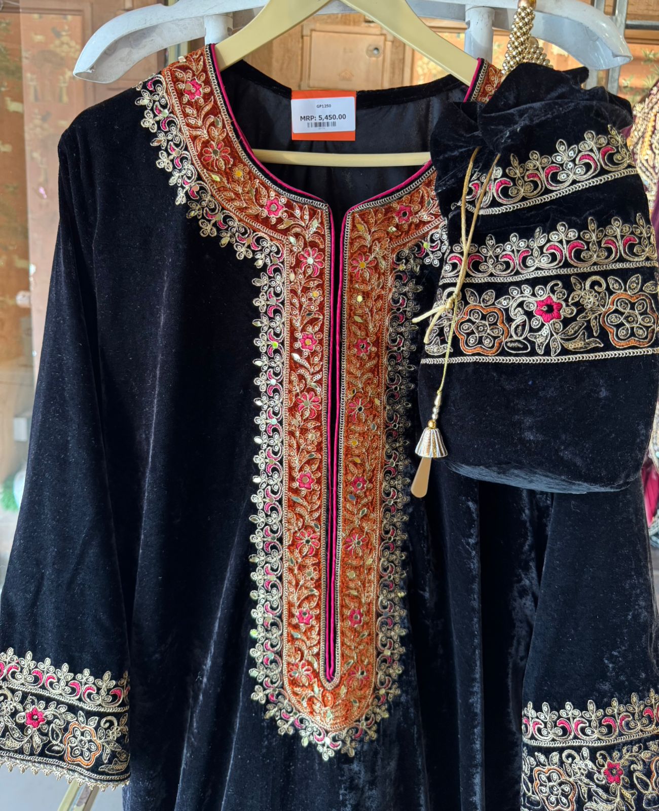 Heavy embroidered velvet kurta