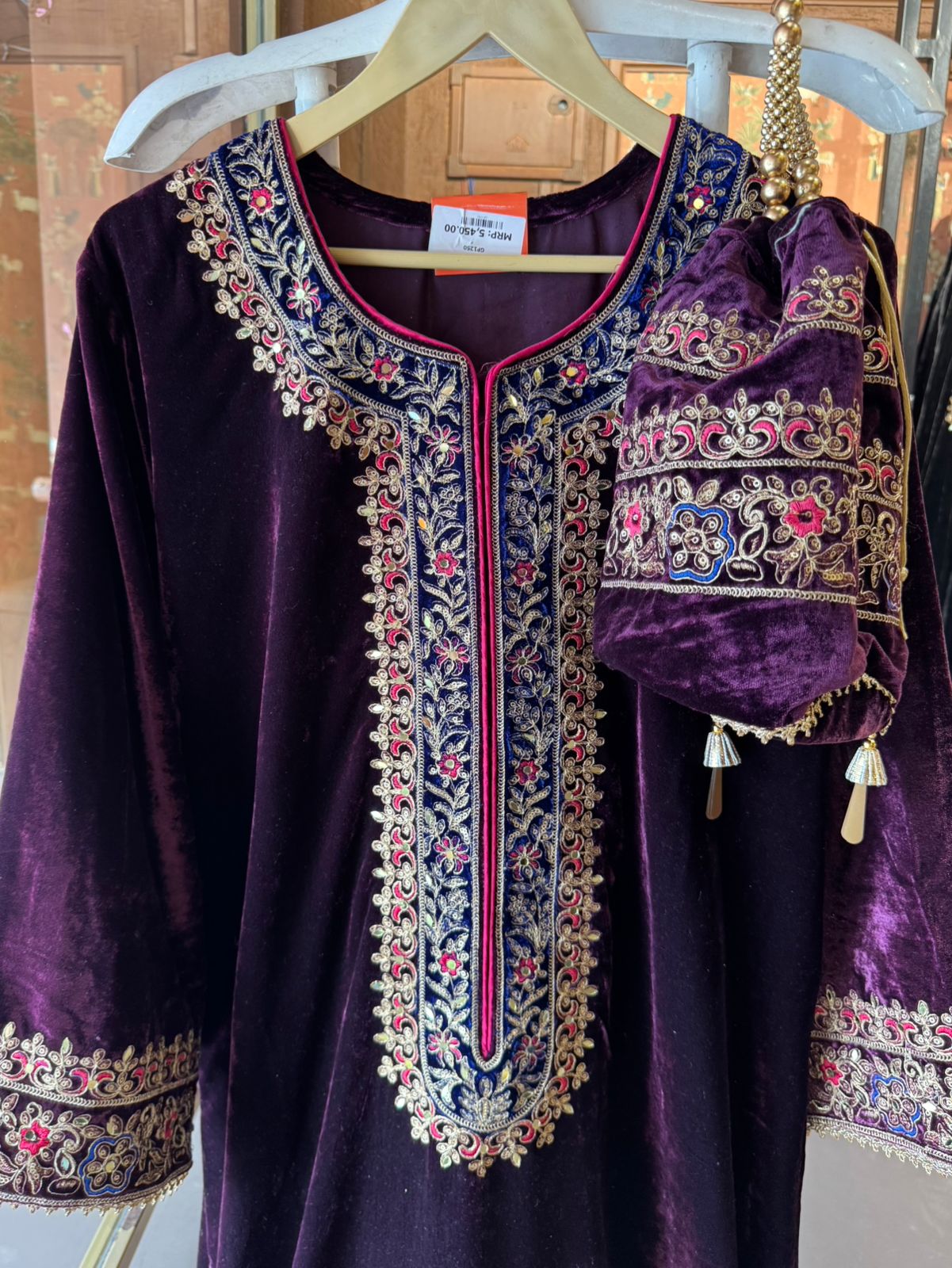 Heavy embroidered velvet kurta