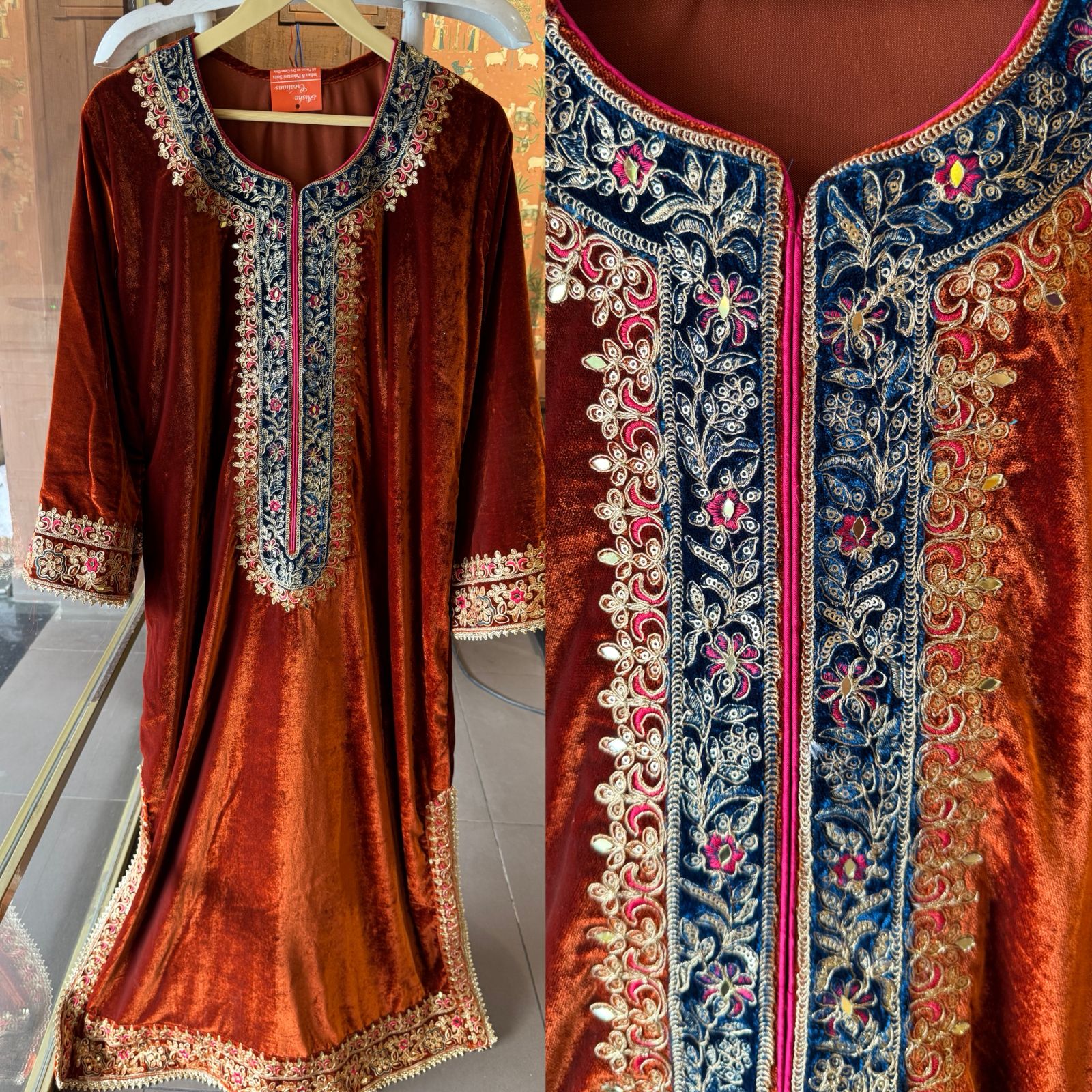Heavy embroidered velvet kurta