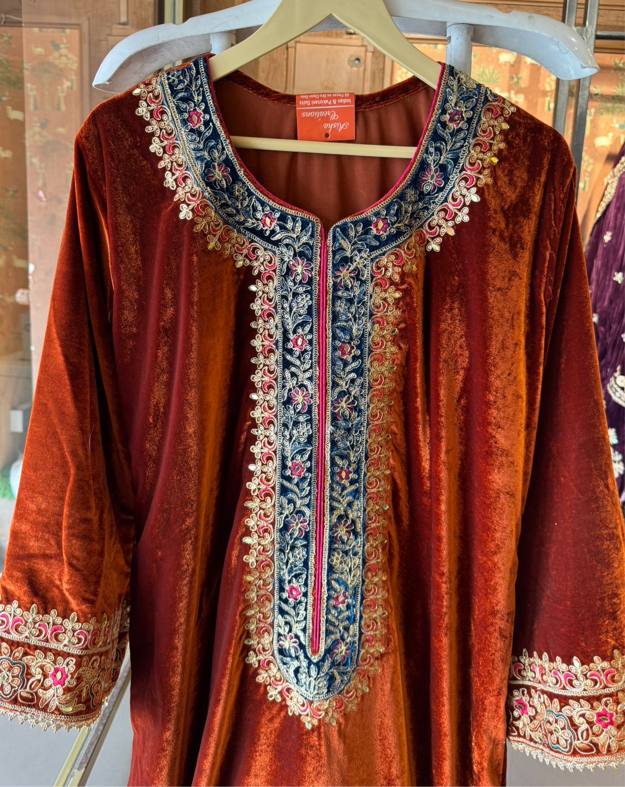 Heavy embroidered velvet kurta