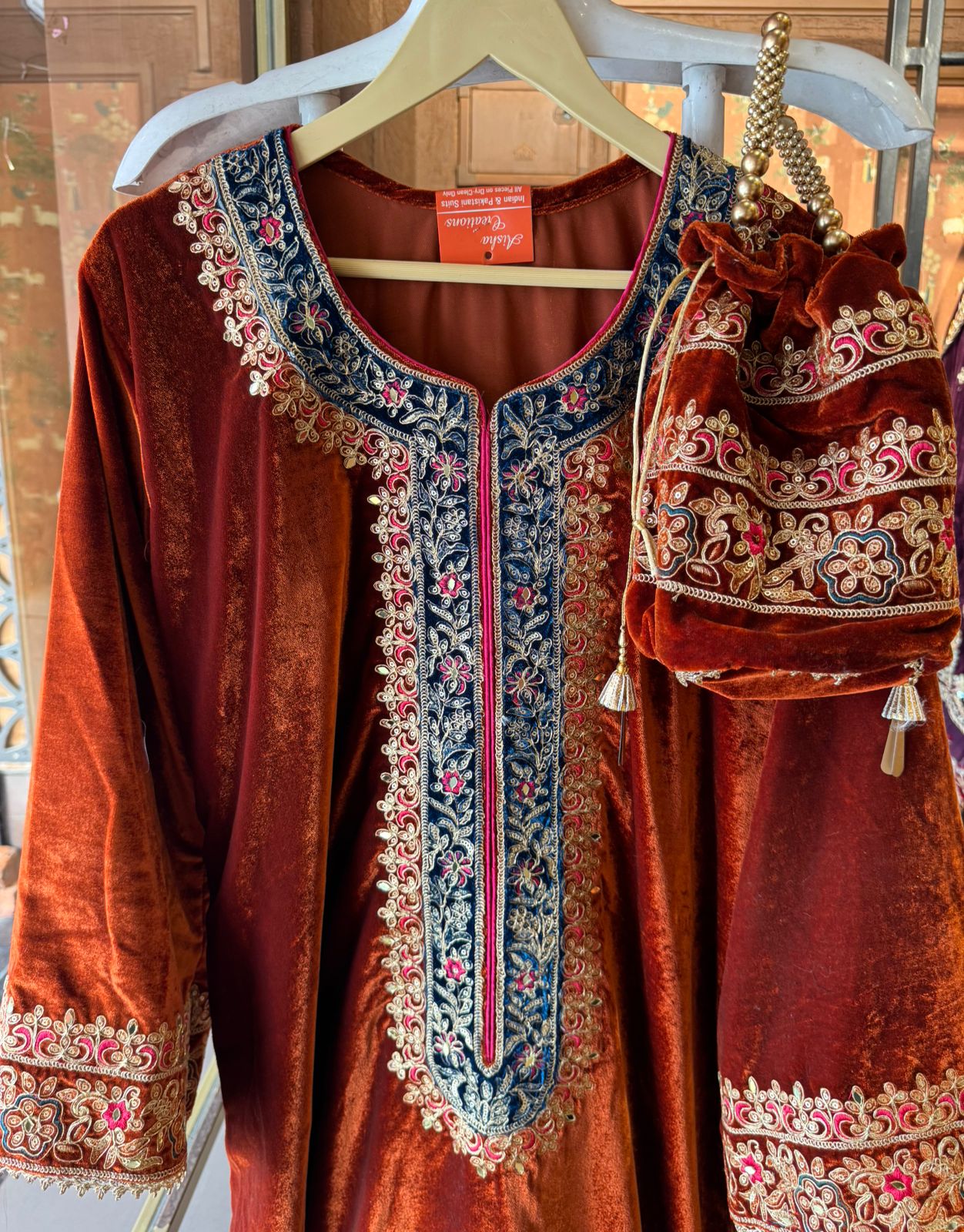 Heavy embroidered velvet kurta