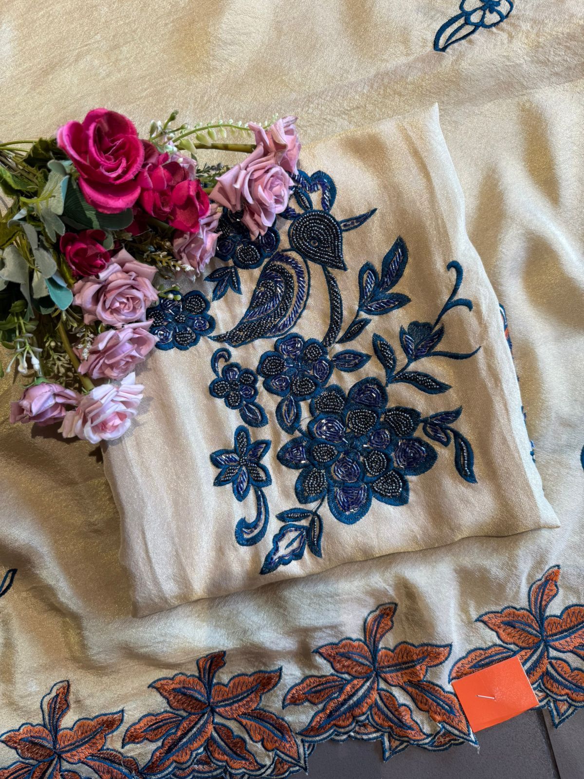 Light Beige Crepe Tissue Embroidered Unstitched Suit