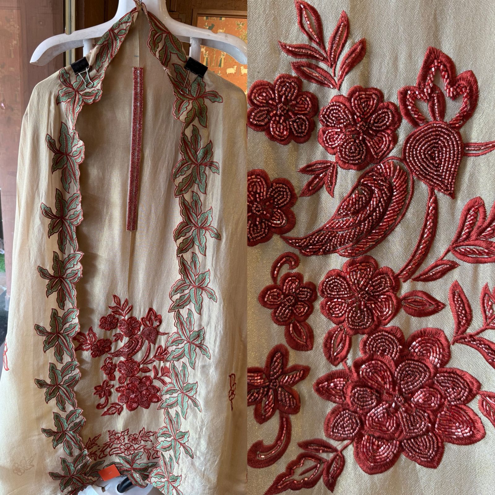 Light Beige Crepe Tissue Embroidered Unstitched Suit