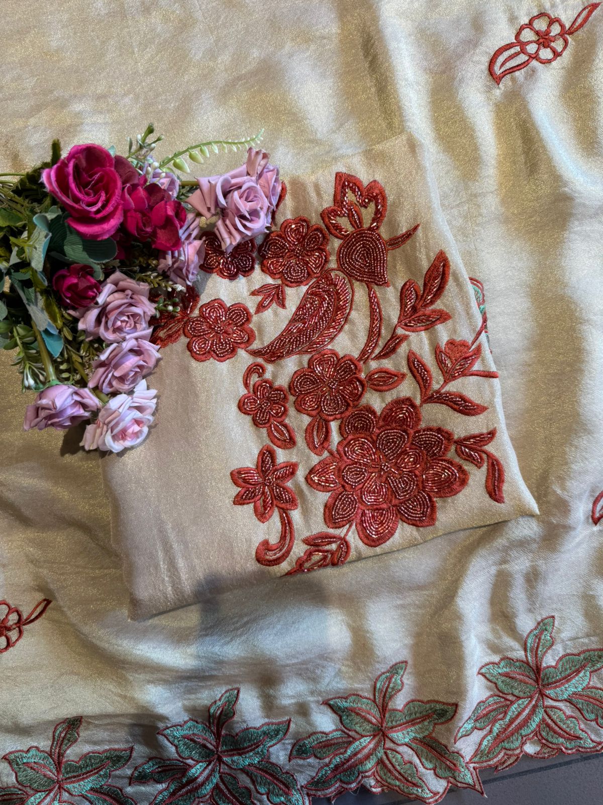 Light Beige Crepe Tissue Embroidered Unstitched Suit