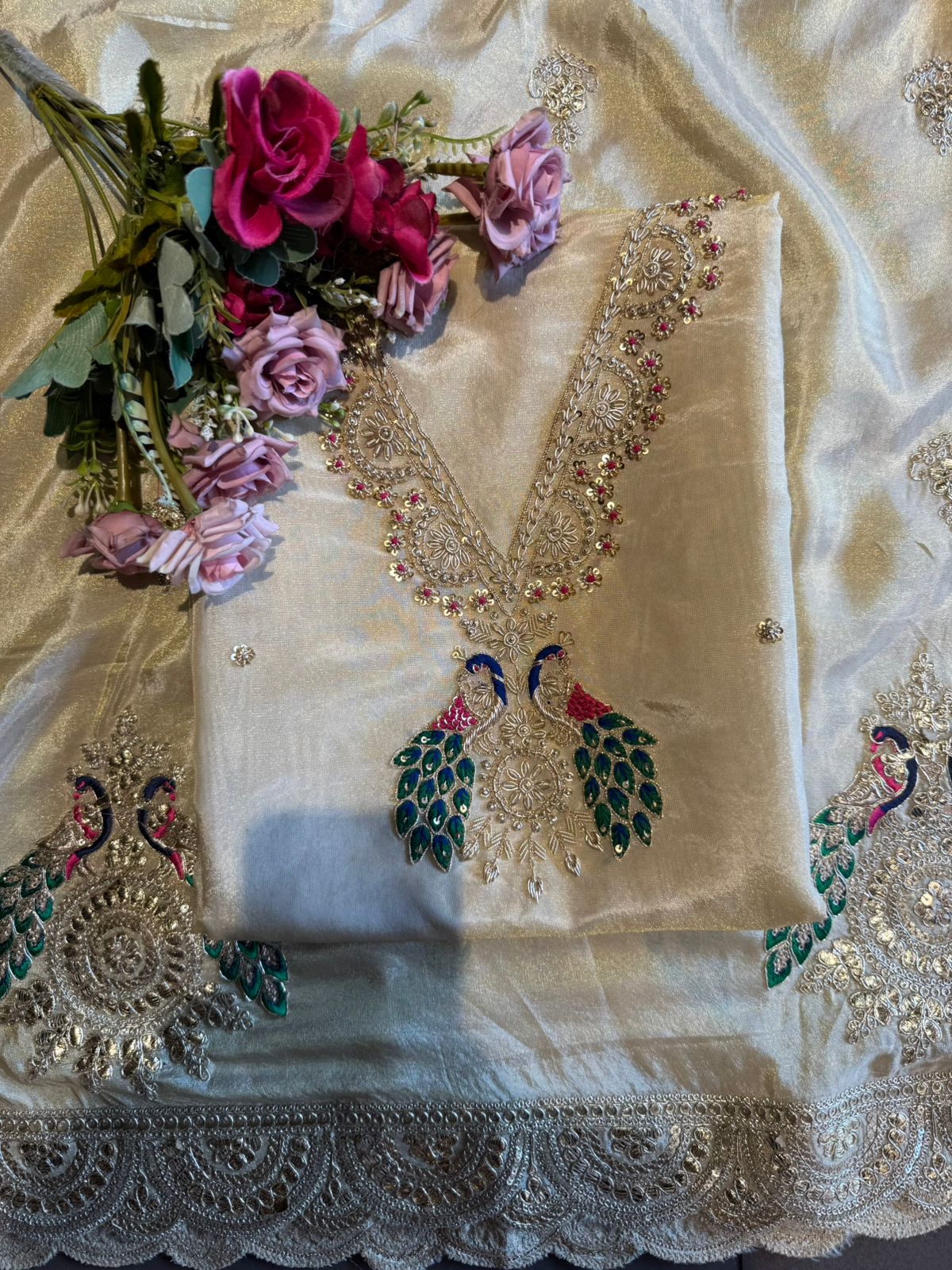 Elegant Zari–Resham Peacock Embroidered Unstitched Suit