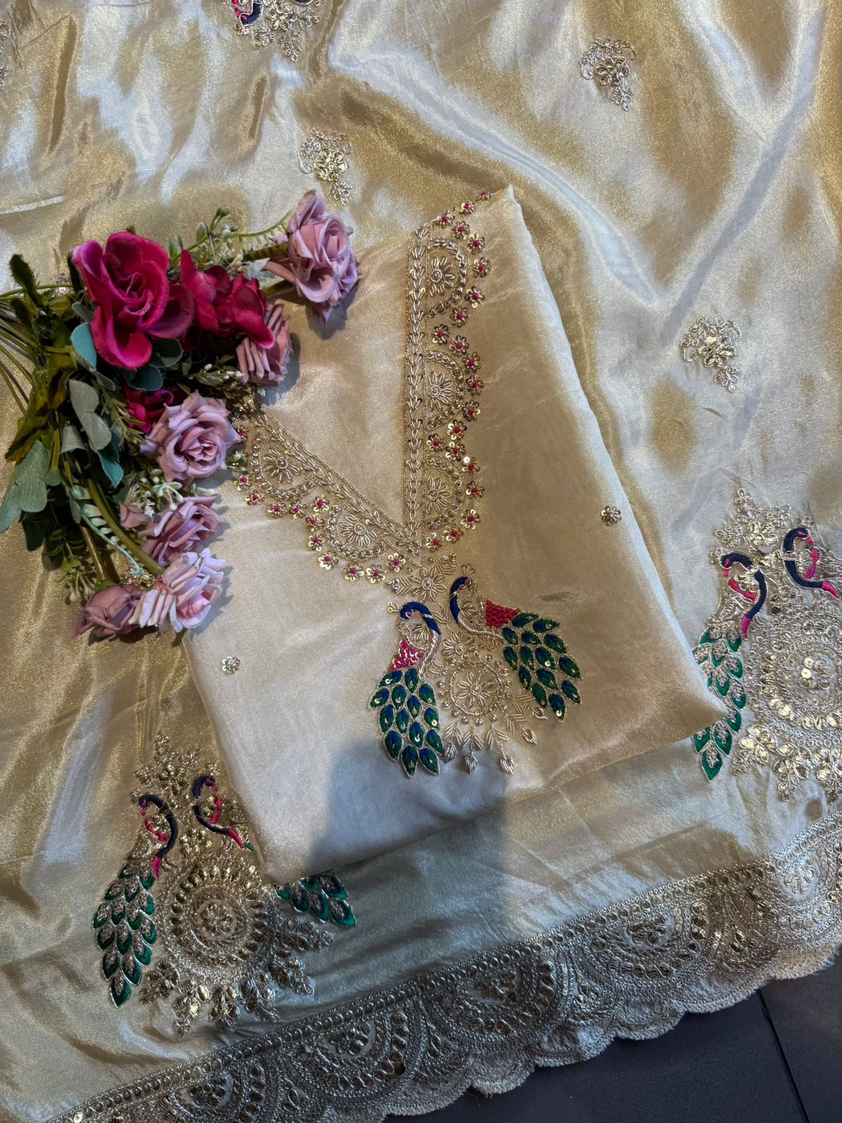 Elegant Zari–Resham Peacock Embroidered Unstitched Suit