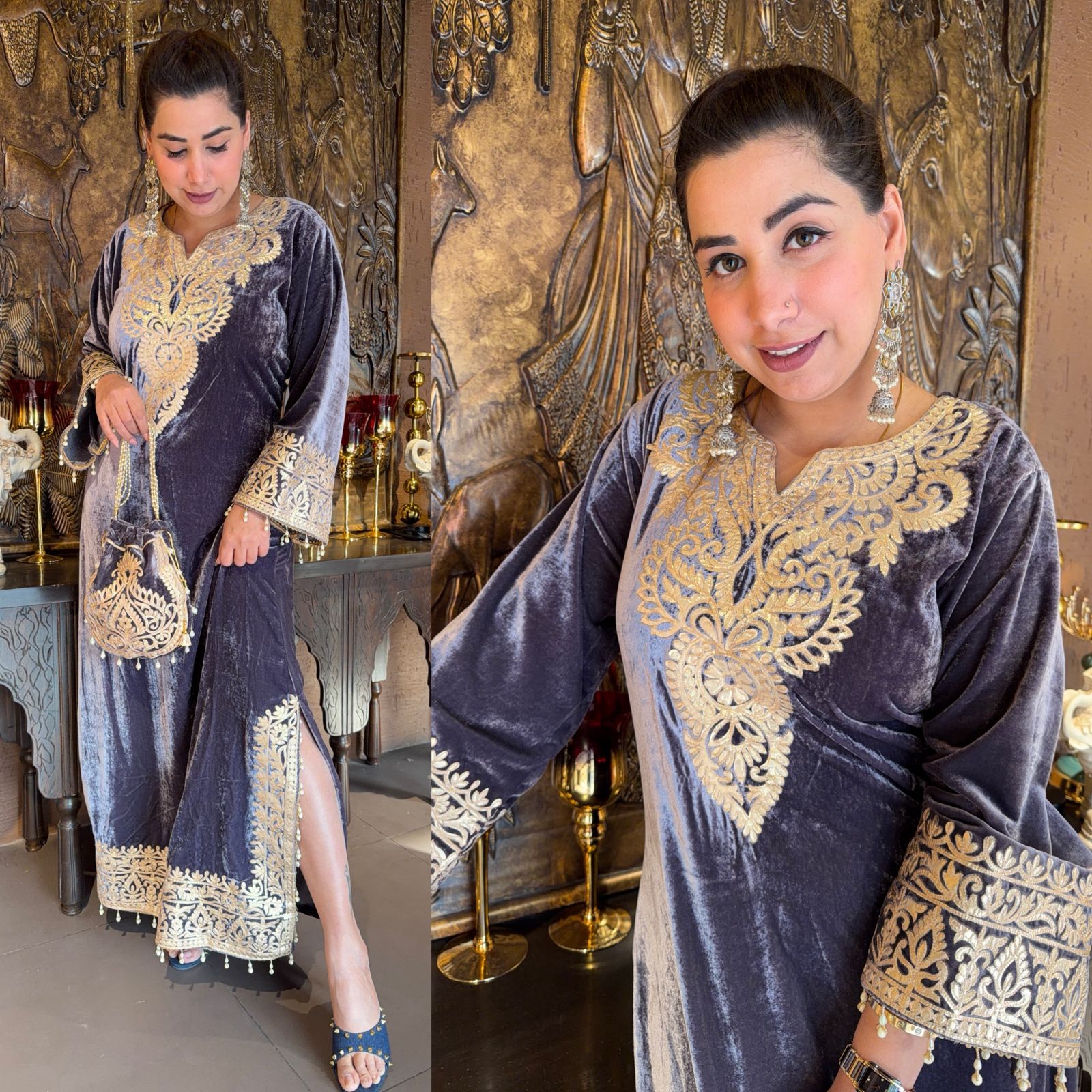 VELVET LONG DRESSES WITH SIDE SLITS