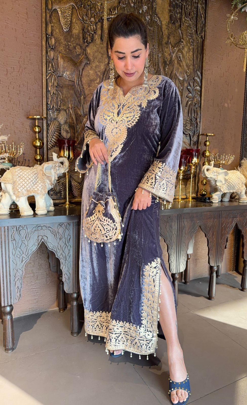 VELVET LONG DRESSES WITH SIDE SLITS