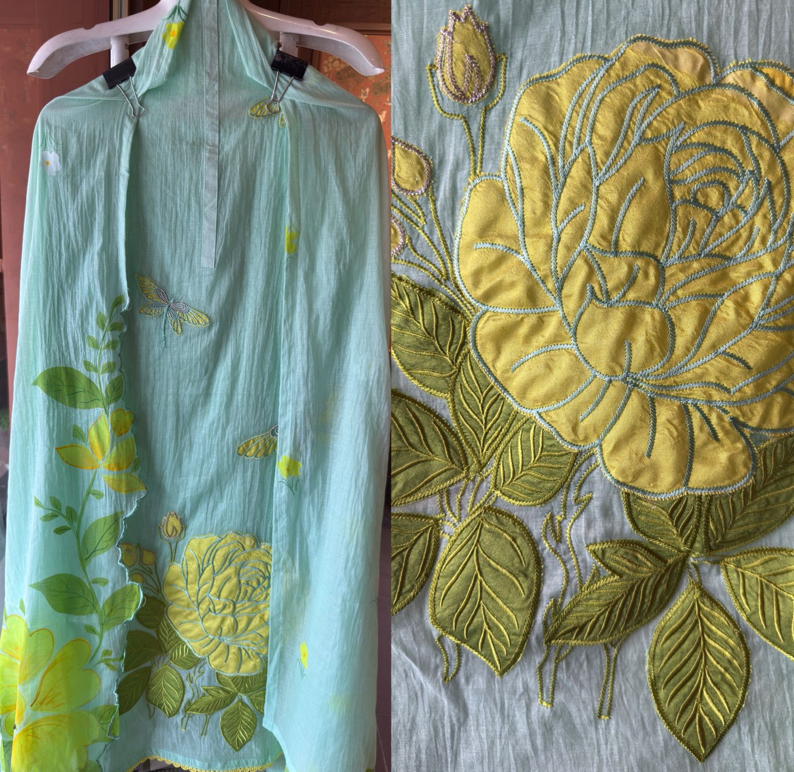 Floral Appliqué Mul Unstitched Suit