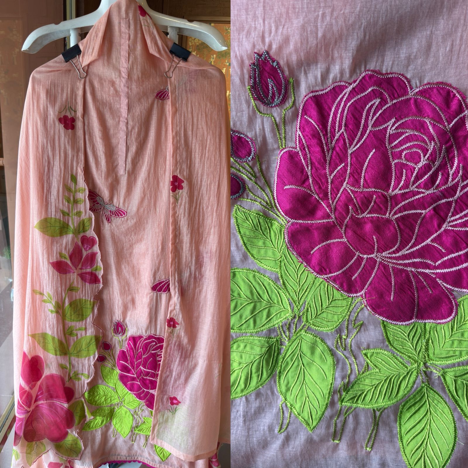 Floral Appliqué Mul Unstitched Suit