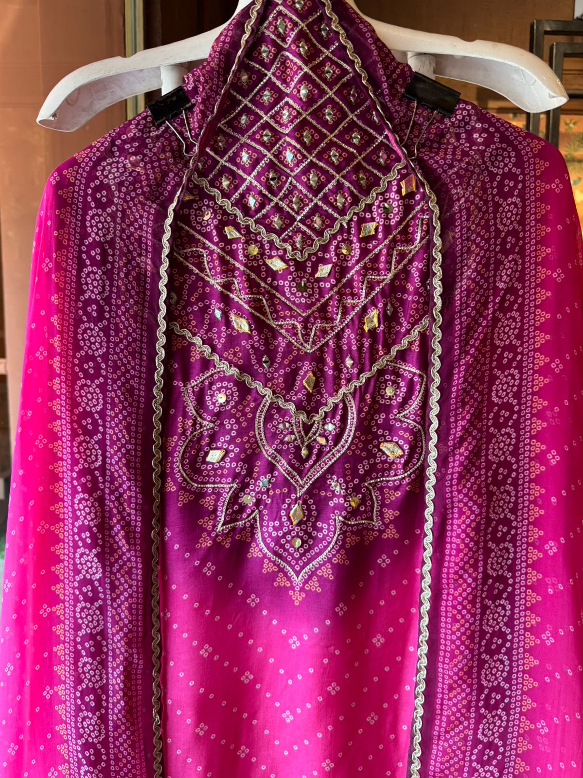 Rani Pink Bandhani Silk Unstitched Suit
