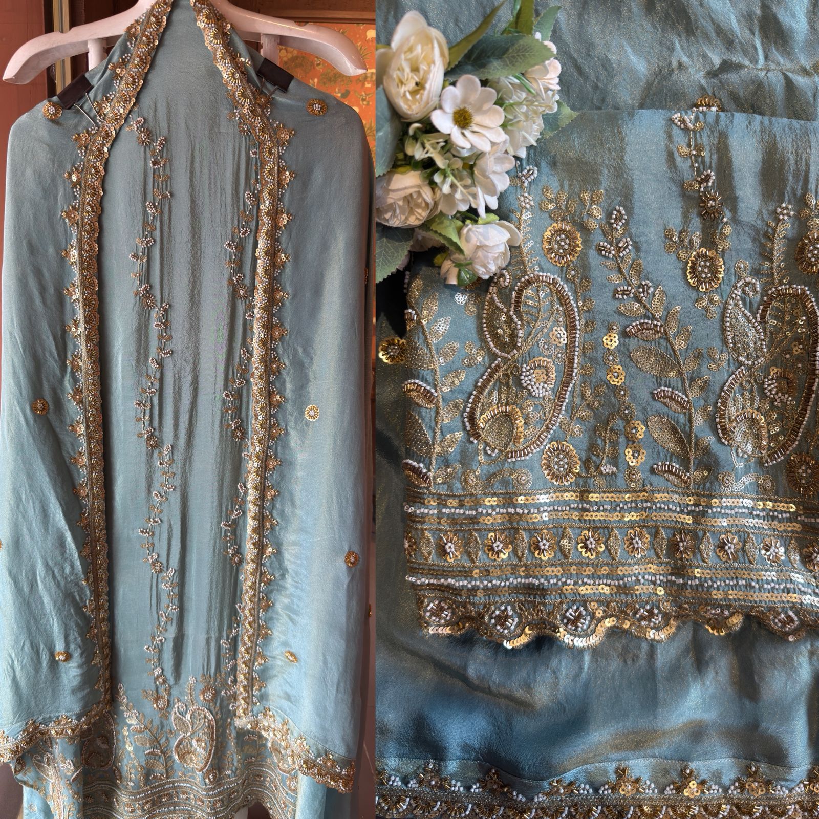 Beautiful Soft sea-green tissue Suit