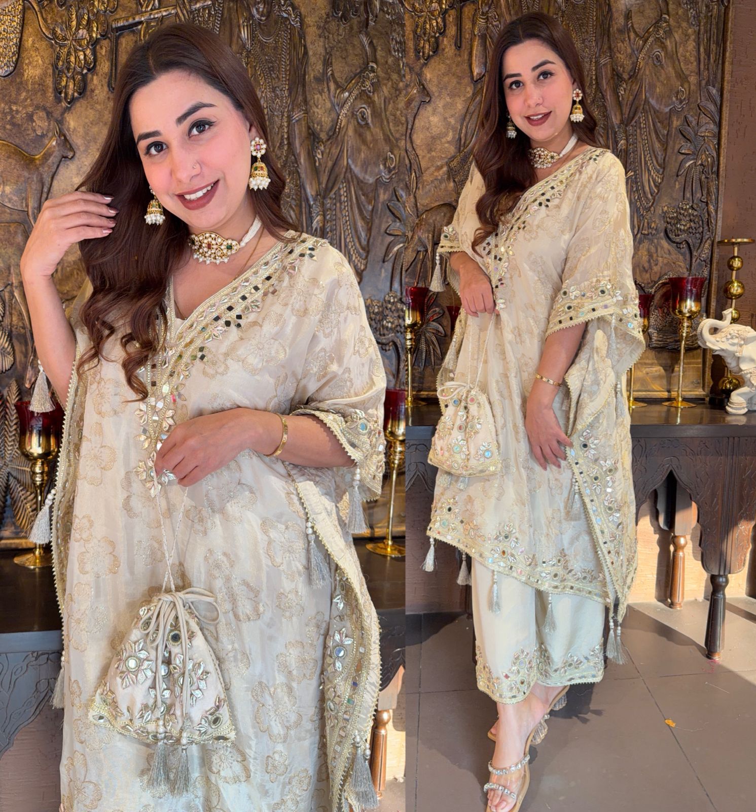 Ivory Embroidered Kaftan Set