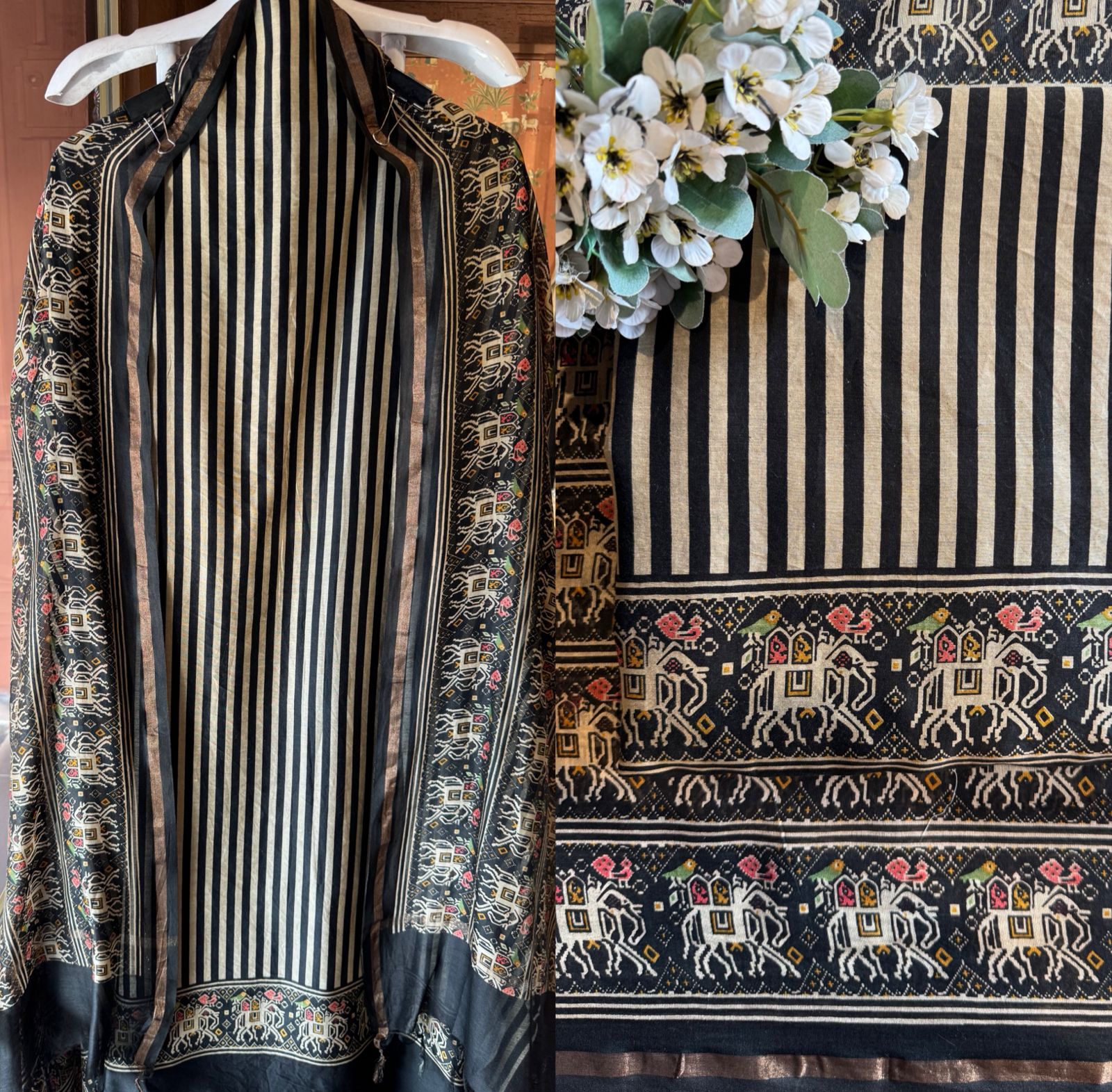 Ivory & Black Maheshwari Silk Ensemble