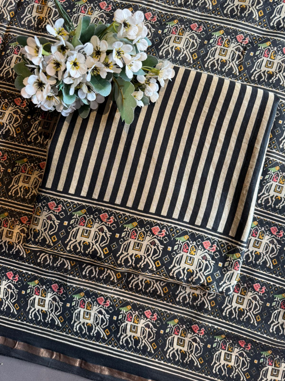 Ivory & Black Maheshwari Silk Ensemble