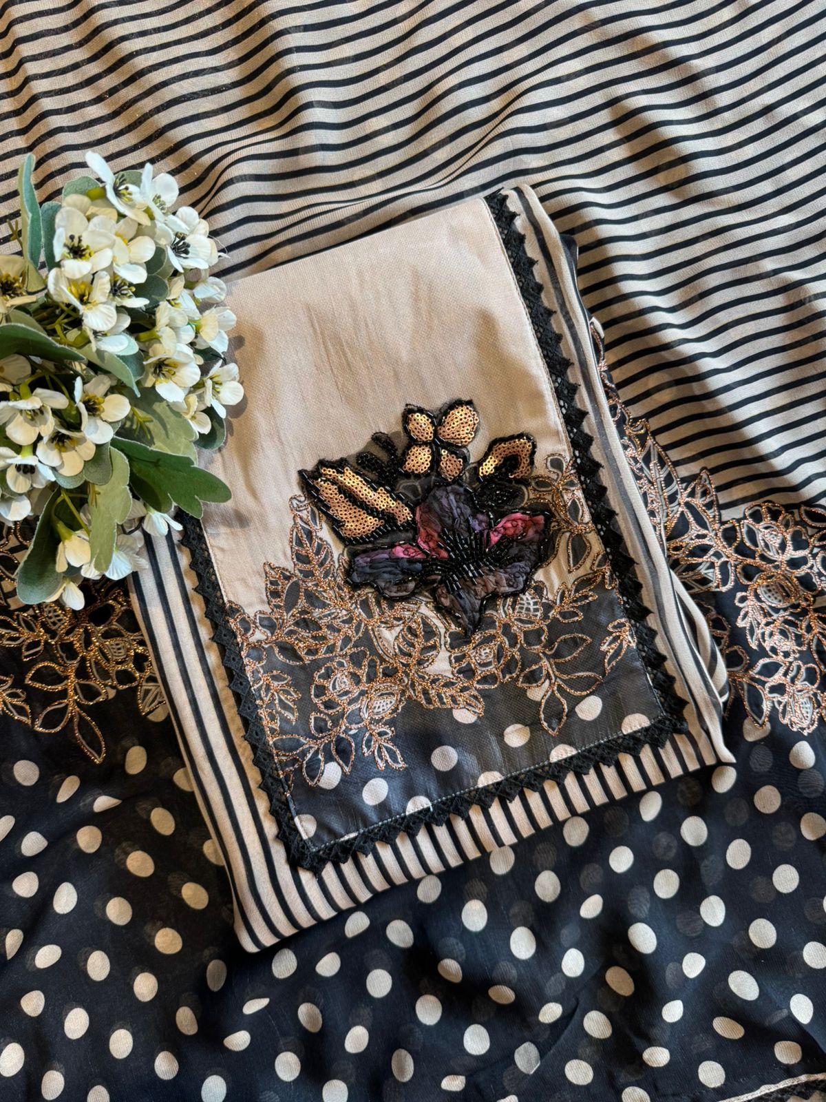 Black & ivory striped Unstitched Suit