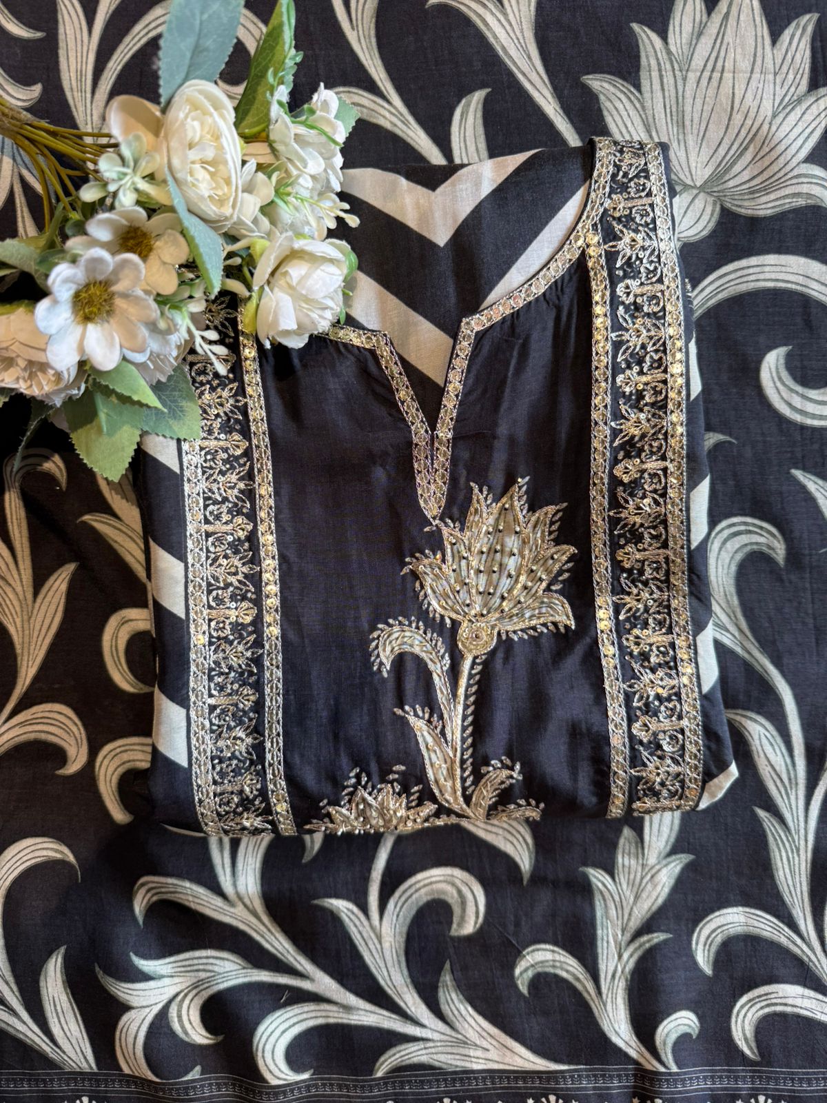 Regal Chevron Floral Opada Silk Unstitched Suit