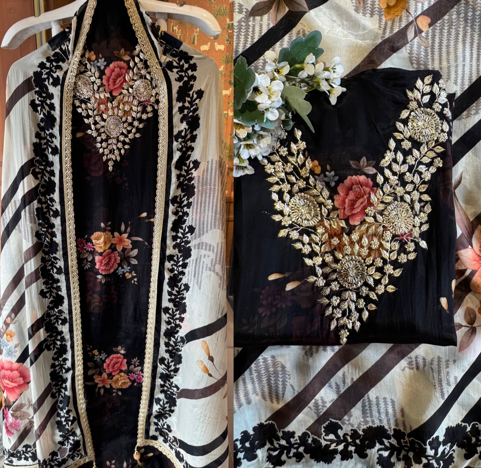 Heavy gold zari & dabka floral embroidery suit