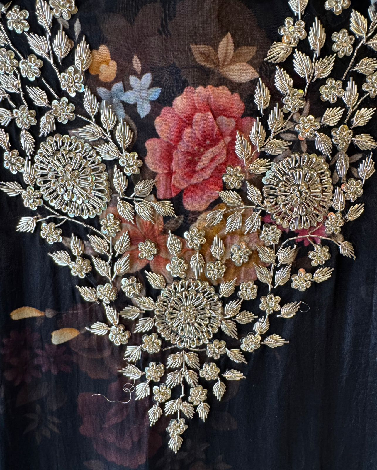 Heavy gold zari & dabka floral embroidery suit