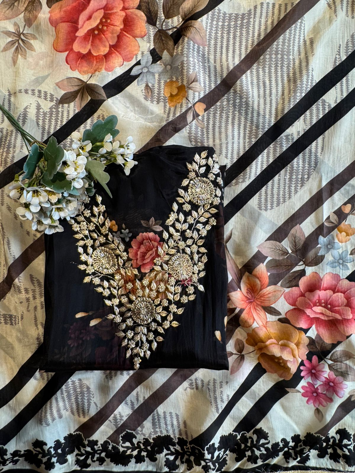 Heavy gold zari & dabka floral embroidery suit