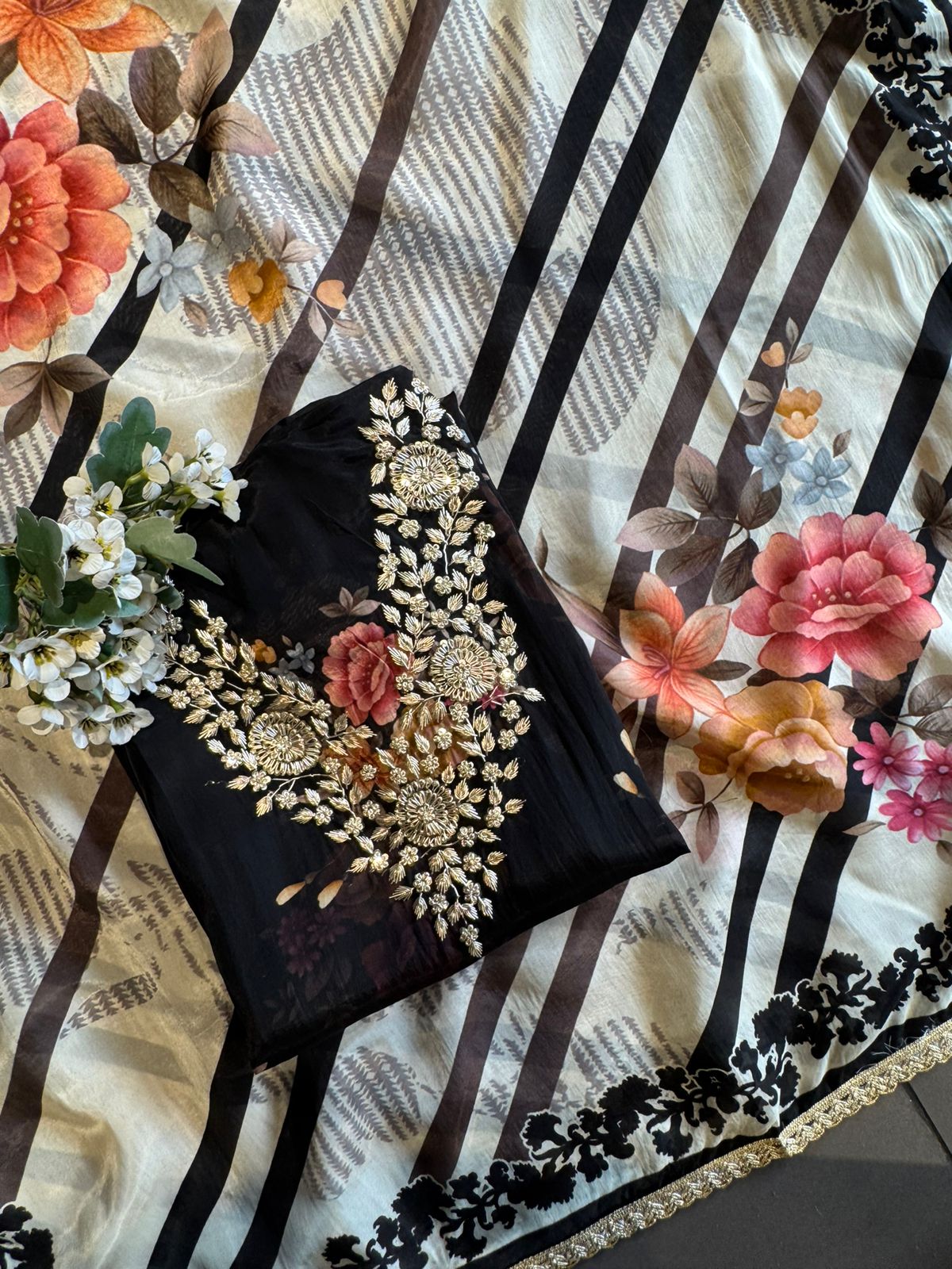 Heavy gold zari & dabka floral embroidery suit