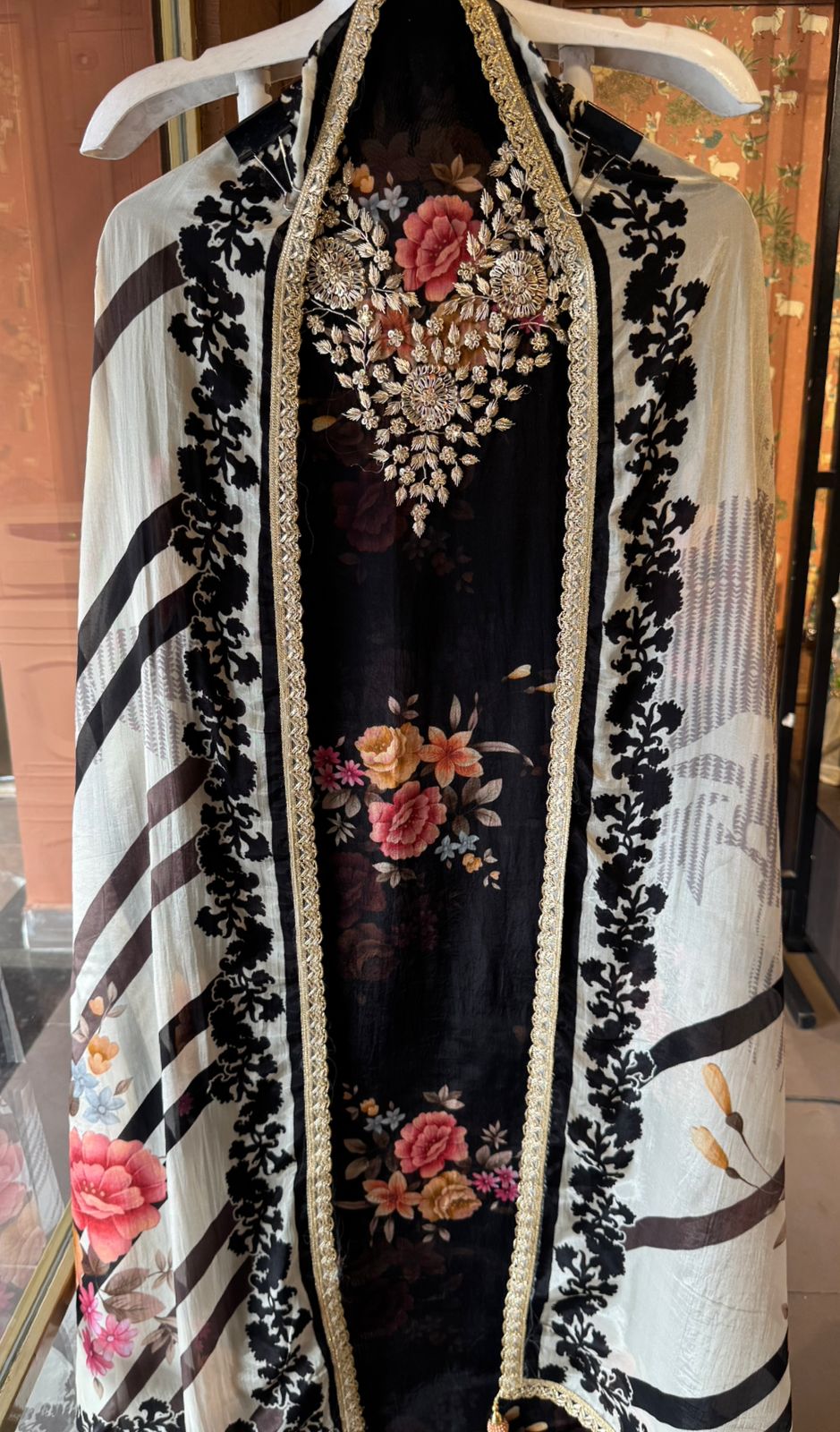 Heavy gold zari & dabka floral embroidery suit