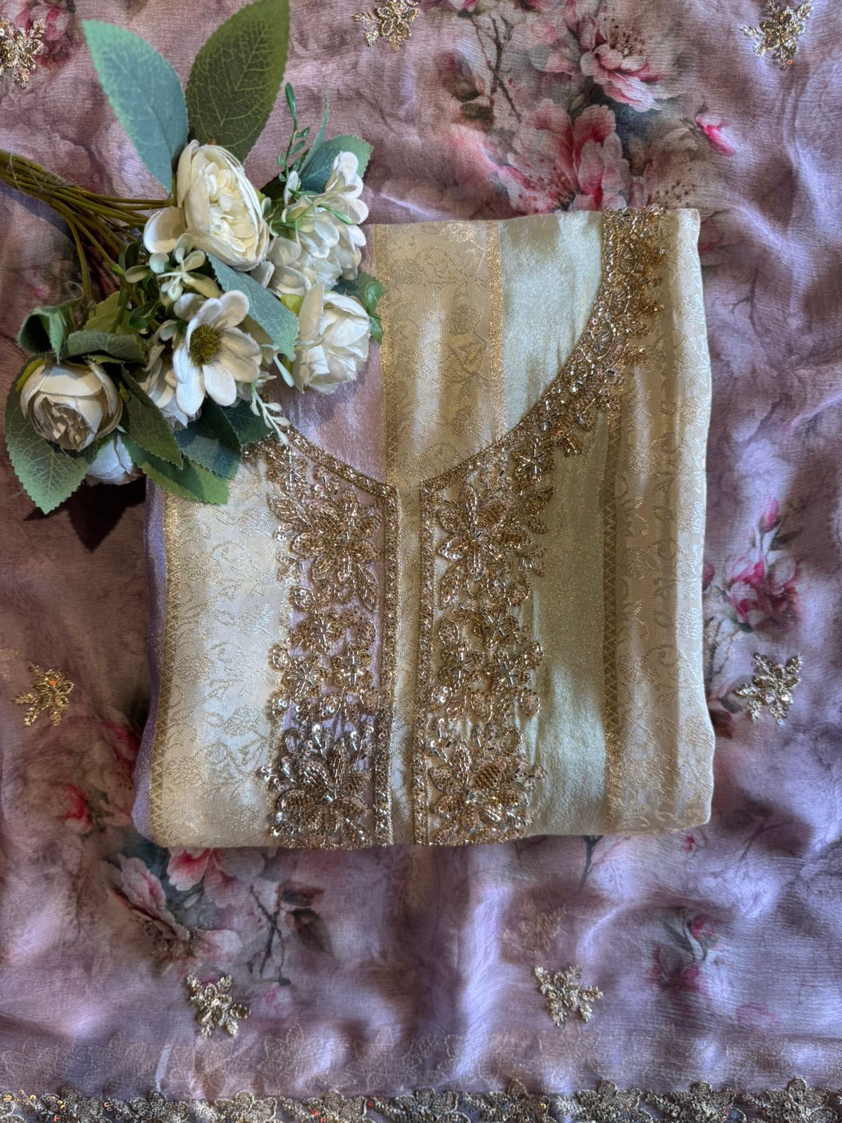 Pastel Floral Handcrafted Silk Suit