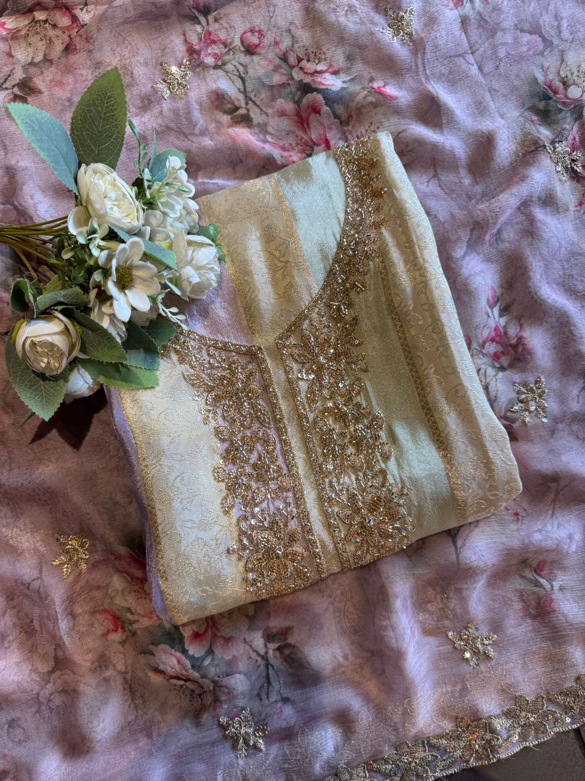 Pastel Floral Handcrafted Silk Suit