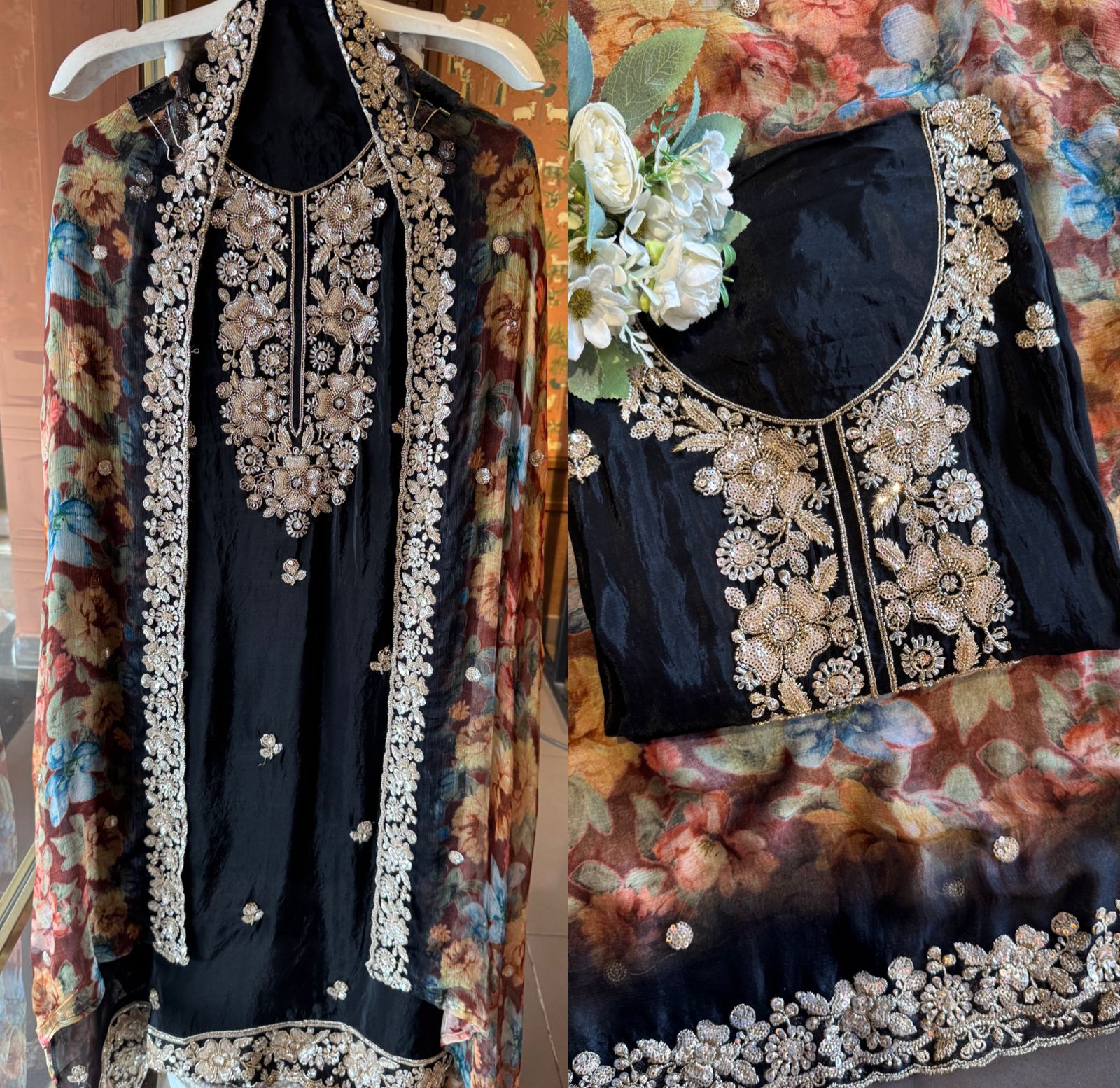 Midnight Floral Black Silk Unstitched Partywear Suit