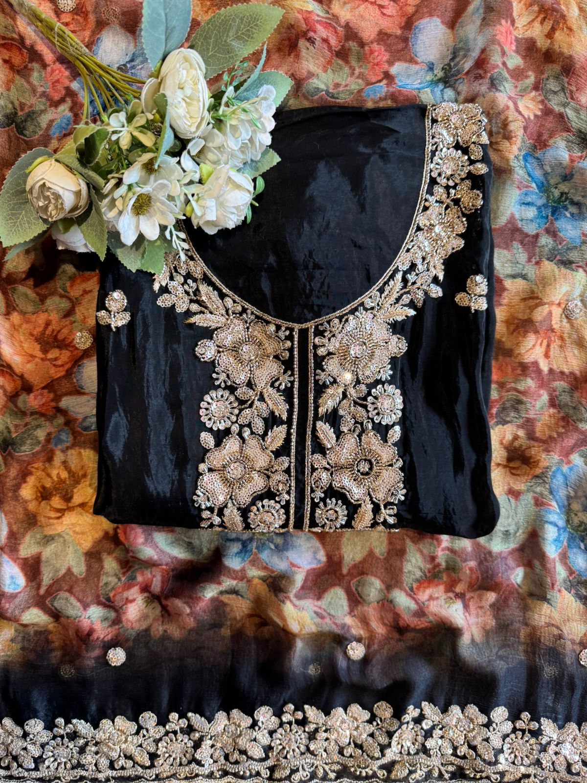 Midnight Floral Black Silk Unstitched Partywear Suit