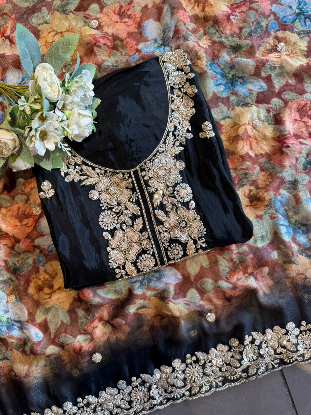 Midnight Floral Black Silk Unstitched Partywear Suit