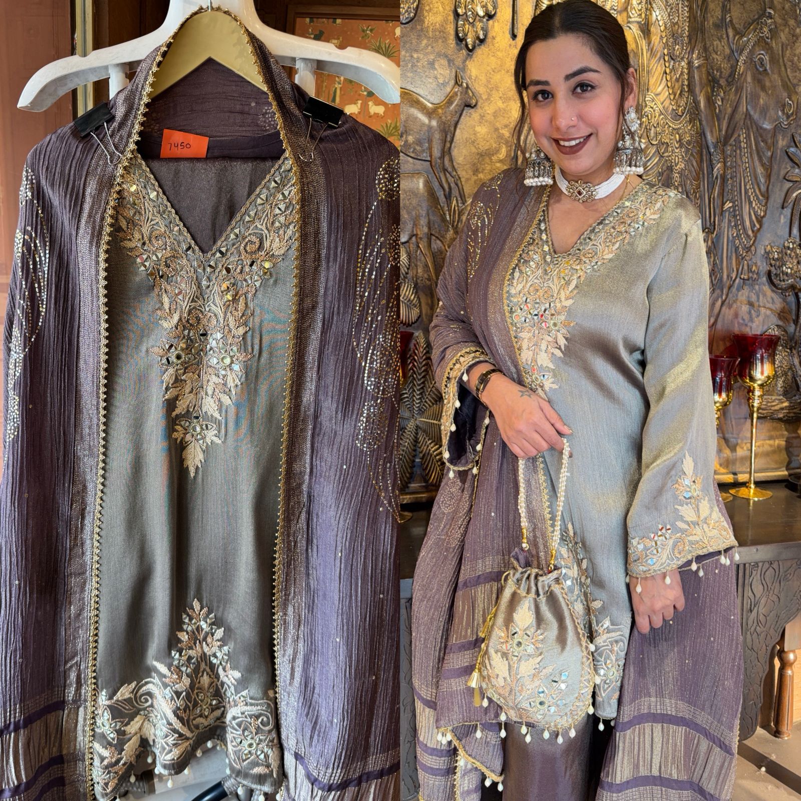 Giraffe tissue kurta with beautiful detailed embroidery with gotta laces