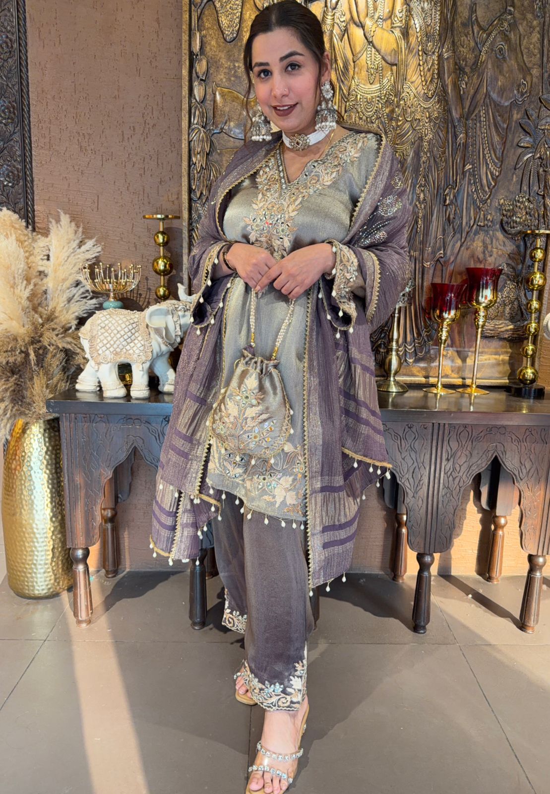 Giraffe tissue kurta with beautiful detailed embroidery with gotta laces