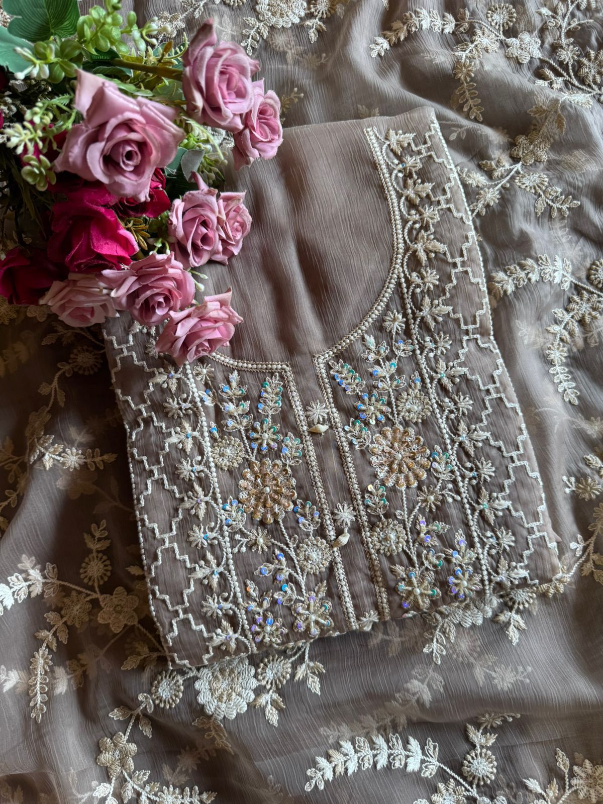 Premium Crushed Chiffon Pakistani Embroidered Unstitched Suit