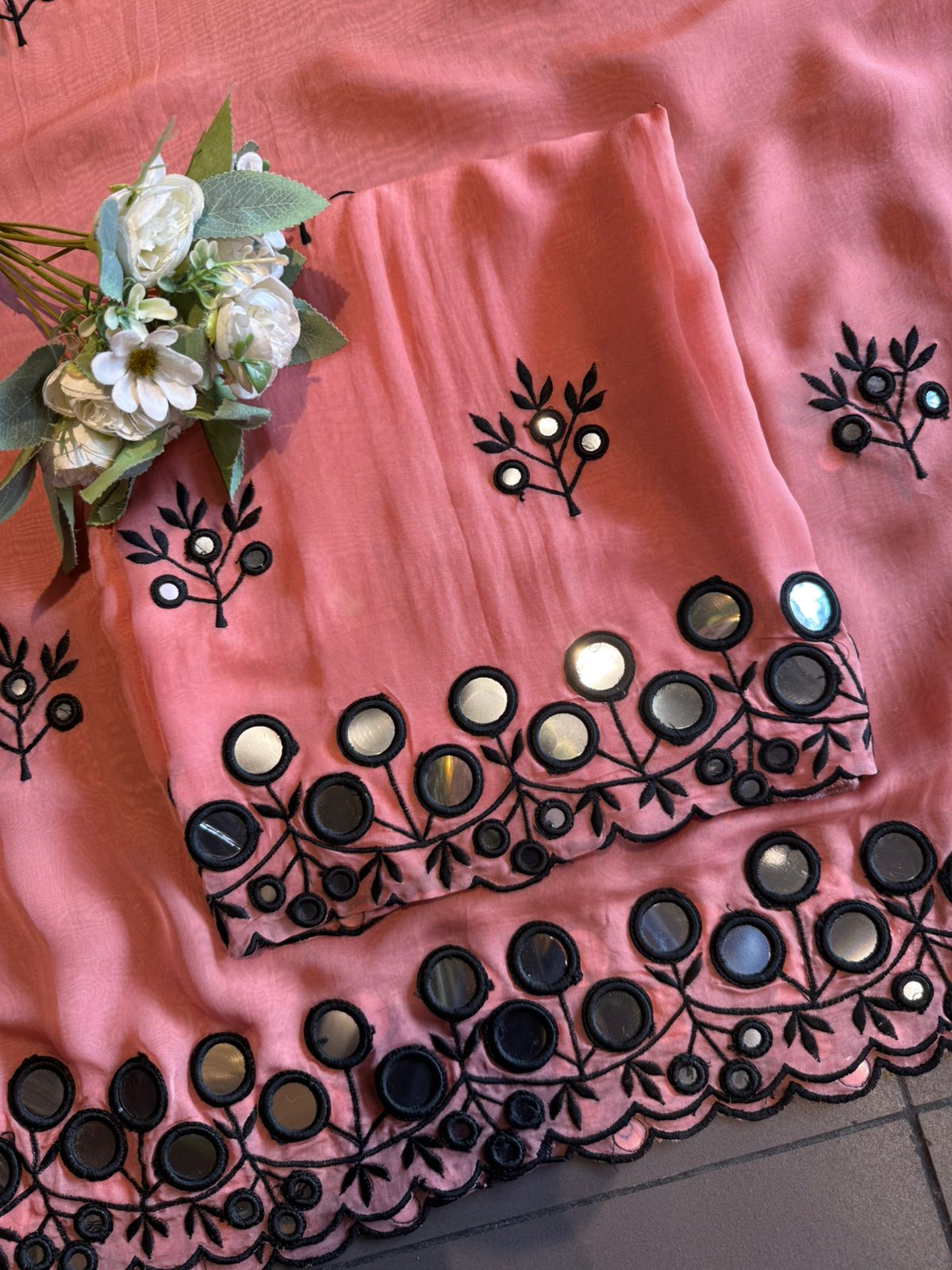 Premium Unstitched Suit With Mirror & Thread Embroidery