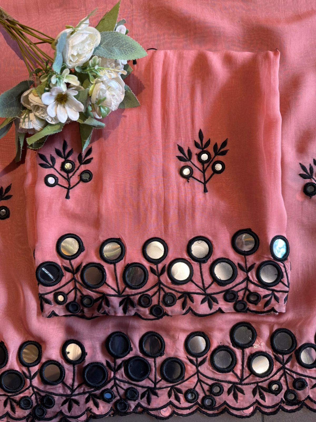 Premium Unstitched Suit With Mirror & Thread Embroidery