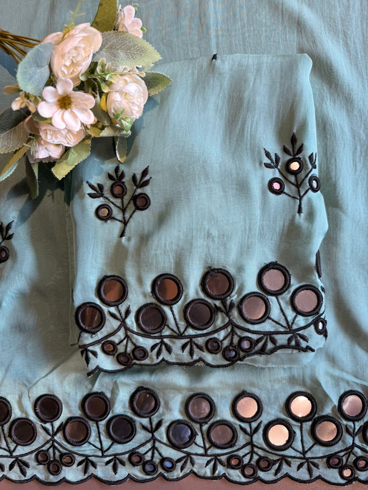 Premium Unstitched Suit With Mirror & Thread Embroidery