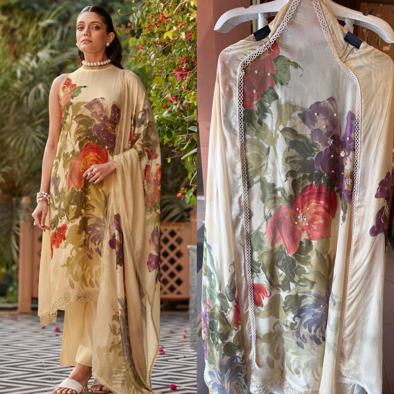 Ivory Bloom Elegance Pearl & Stone Chiffon Set