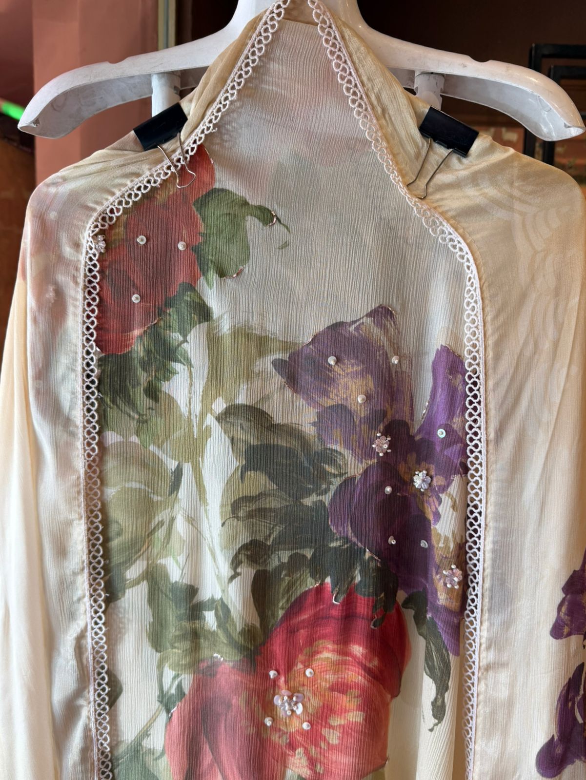 Ivory Bloom Elegance Pearl & Stone Chiffon Set