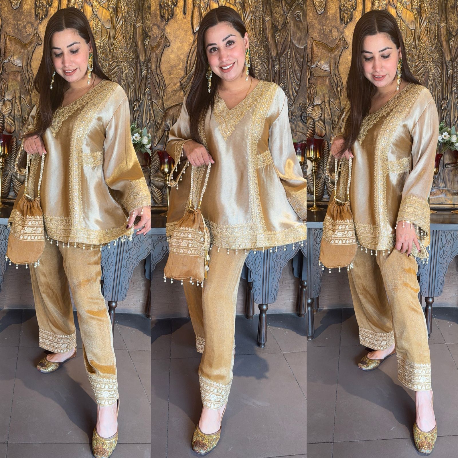 Festive Giraffe tissue Kurta Palazzo Pants