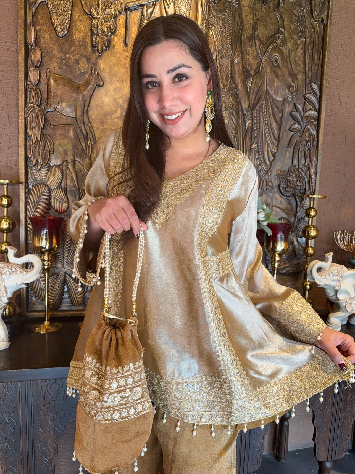 Festive Giraffe tissue Kurta Palazzo Pants