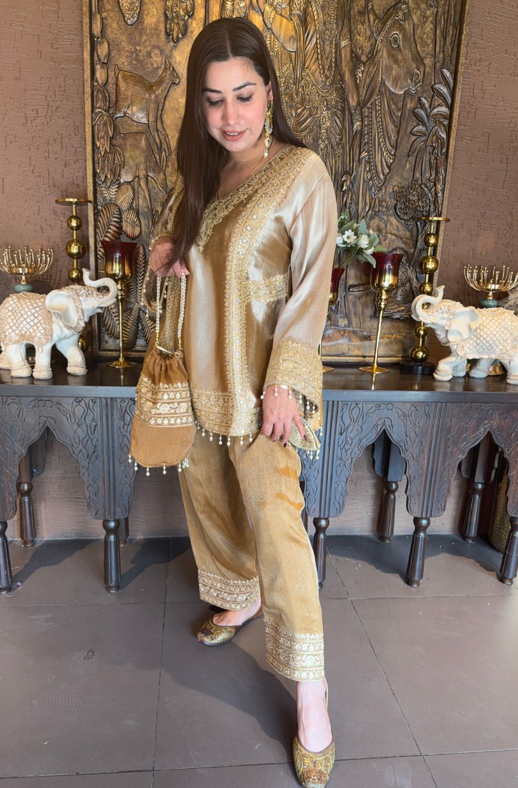 Festive Giraffe tissue Kurta Palazzo Pants