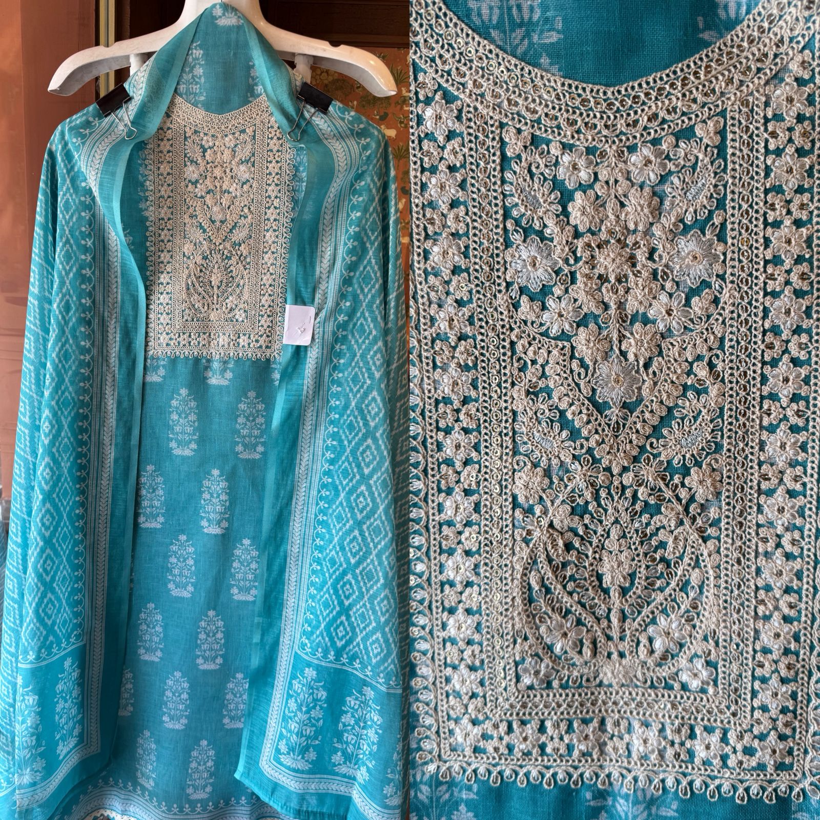 Beautiful sea-green embroidered suit