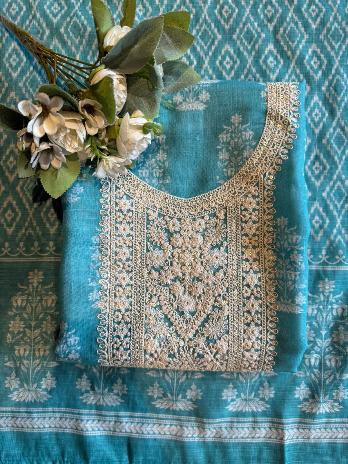 Beautiful sea-green embroidered suit