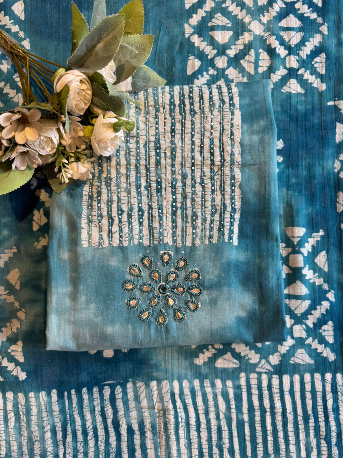 Beautiful teal blue tie-dye suit