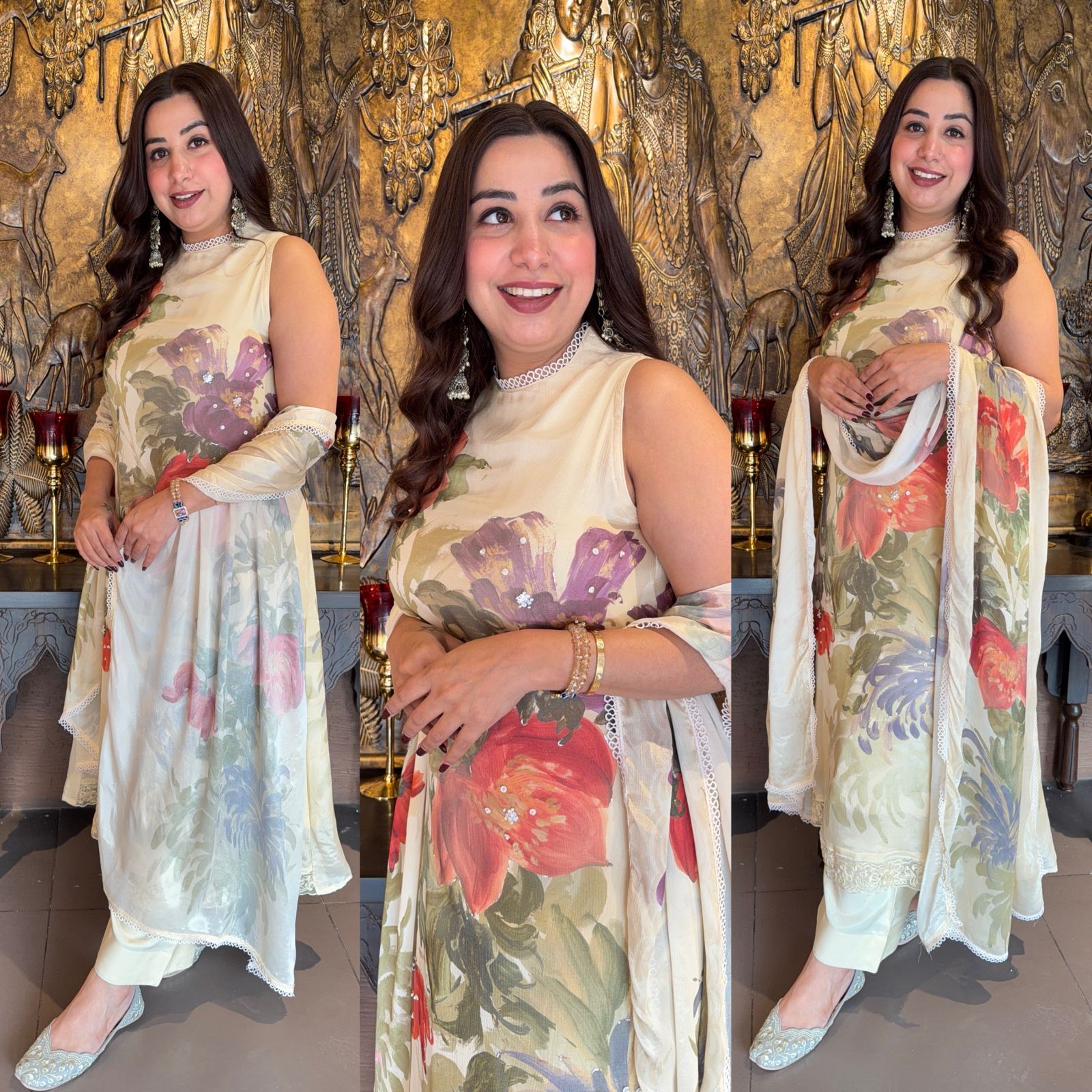 Ivory Bloom Elegance Pearl & Stone Chiffon Set