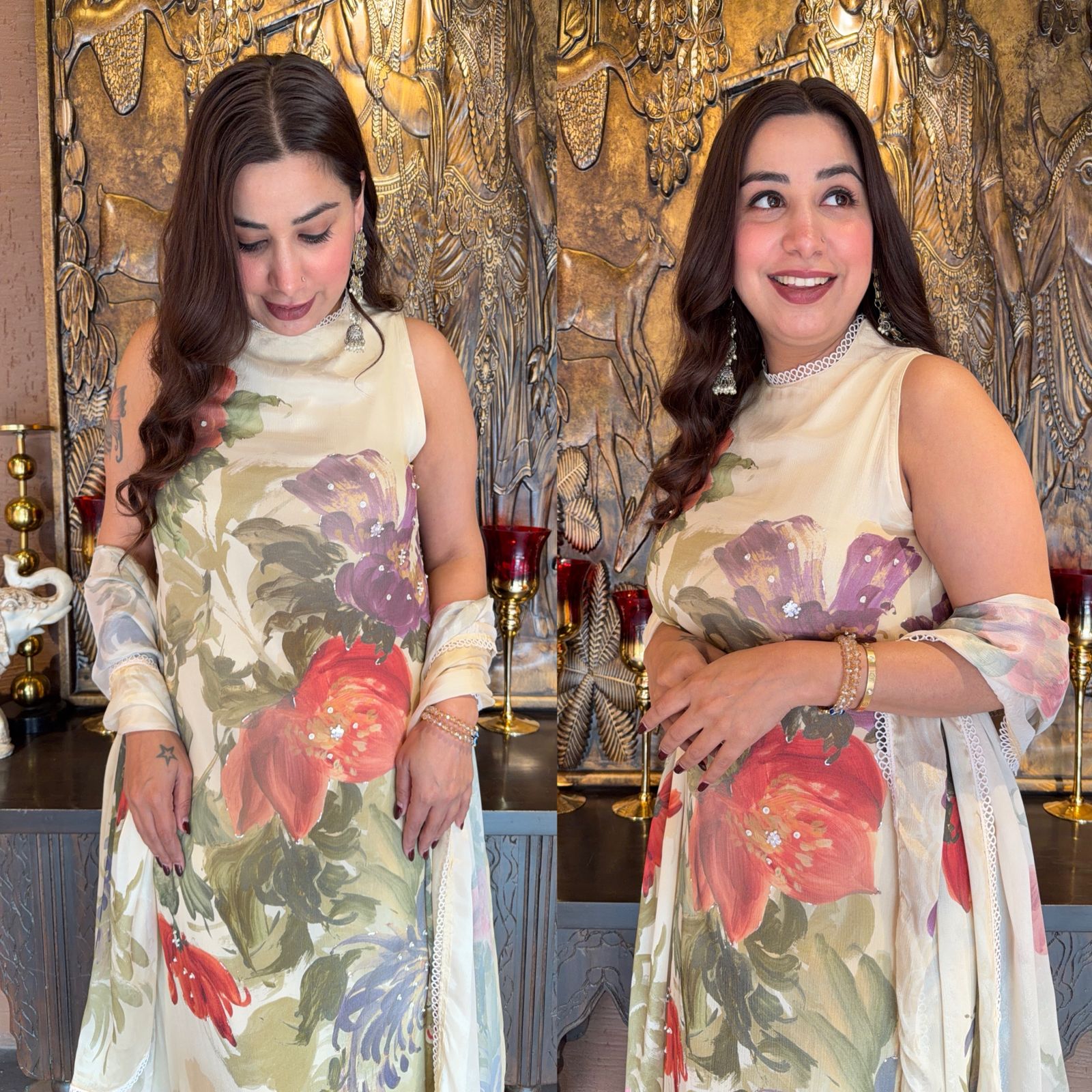 Ivory Bloom Elegance Pearl & Stone Chiffon Set