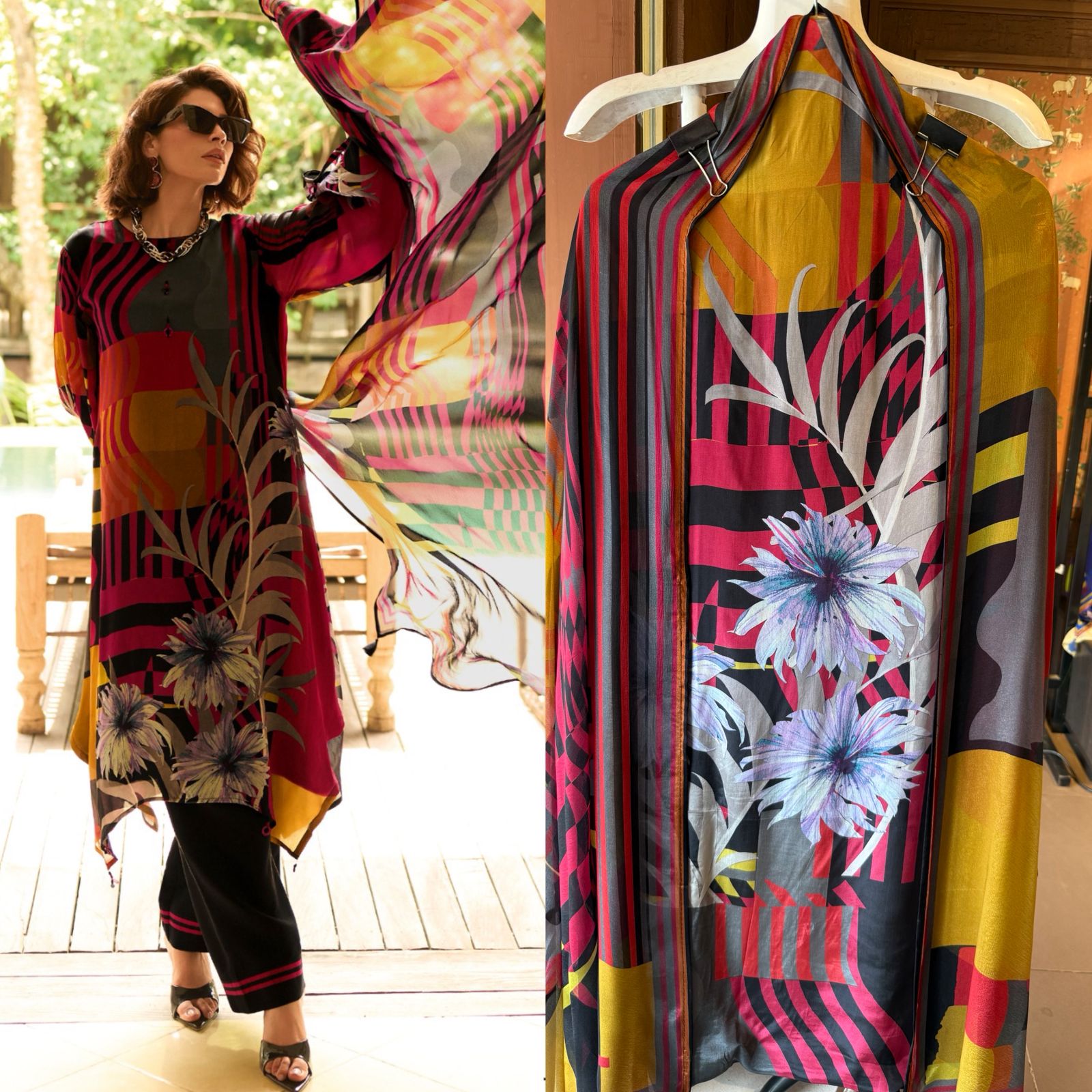 Digital geometric & floral printed Kurta