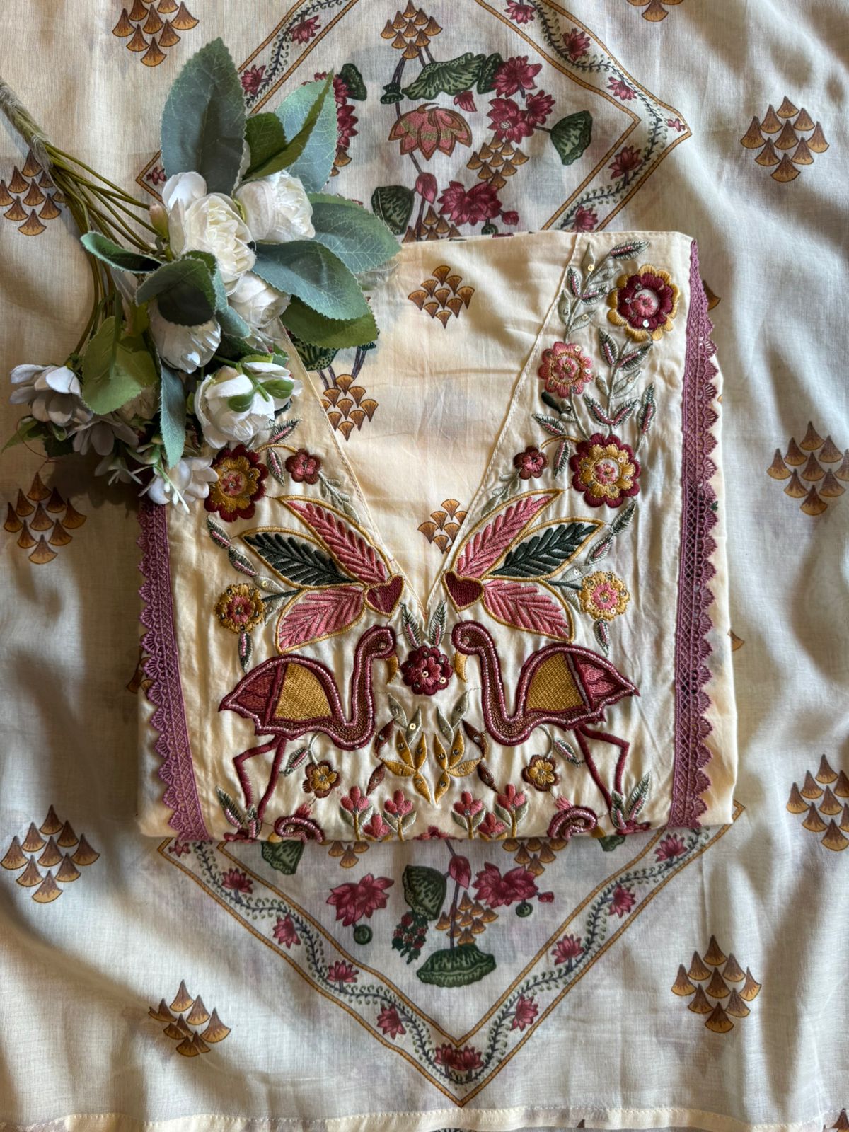 Flamingo Embroidered Suit set